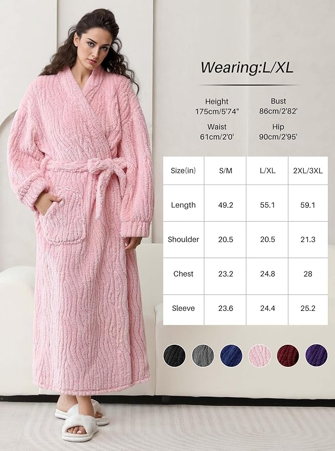 Artfasion Womens Long Fleece Robe - Warm Soft Floor Length Flannel Bathrobes for Winter Thicker Long House Coat with Pockets