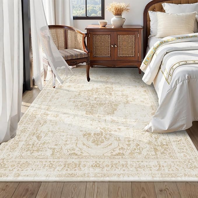 5x7 Vintage Washable Area Rugs Boho Medallion Large Distressed Retro Accent Carpet Floral Non-Slip Soft Low Pile Indoor Throw Rug for Living Room Bedroom Dining Room Office Kitchen, Beige