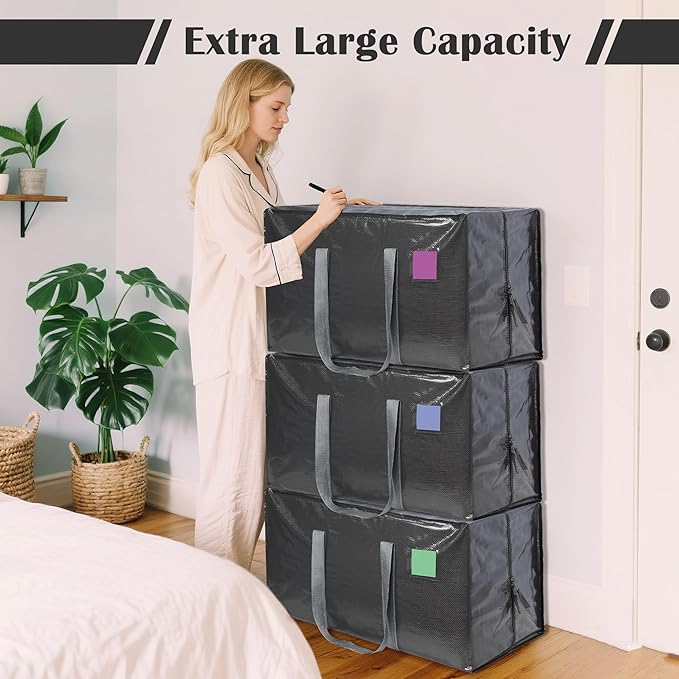 12 Pack Extra Heavy Duty Large Moving Bags with Reinforced Zipper & Wide Handles, Waterproof Storage Bins for Clothes, College Dorm, Travel, and Home Organization, Gray