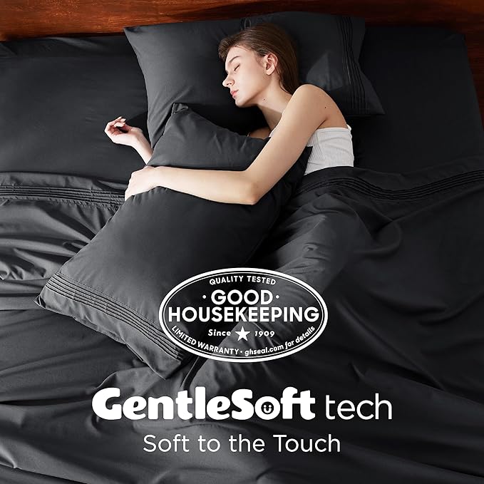 Bedsure Deep Pocket Queen Sheets Set - Fits Mattresses Up to 21 Inches Thick - 4 Piece GentleSoft Bed Sheets, Moisture Wicking, Soft & Cooling Bedsheet & Pillowcases, Easy & Secure Fit, Black