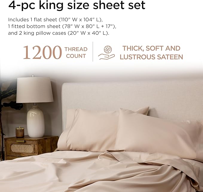 Threadmill Luxury Supima Cotton Sheets, 1200 Thread Count Soft 100% Cotton Sheets for King Size Bed, 4 Pc Beige King Bed Sheets Set, 5-Star Hotel Quality with Elasticized Deep Pocket King Sheets