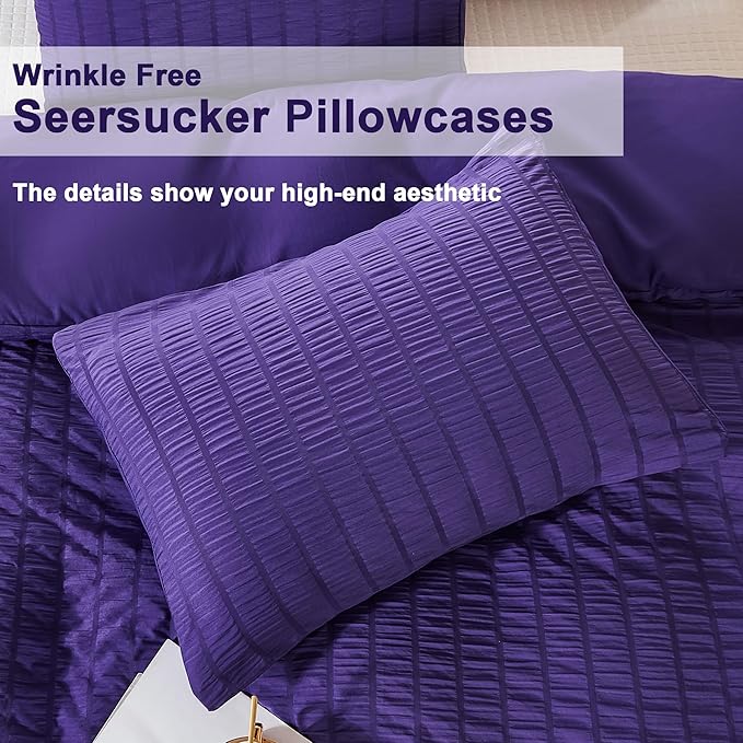AveLom Dark Purple Duvet Cover King(104 x 90 inches), 3 Pieces (1 Duvet Cover, 2 Pillow Cases), Seersucker Striped Soft Washed Microfiber Textured Duvet Cover Set with Zipper Closure, Corner Ties