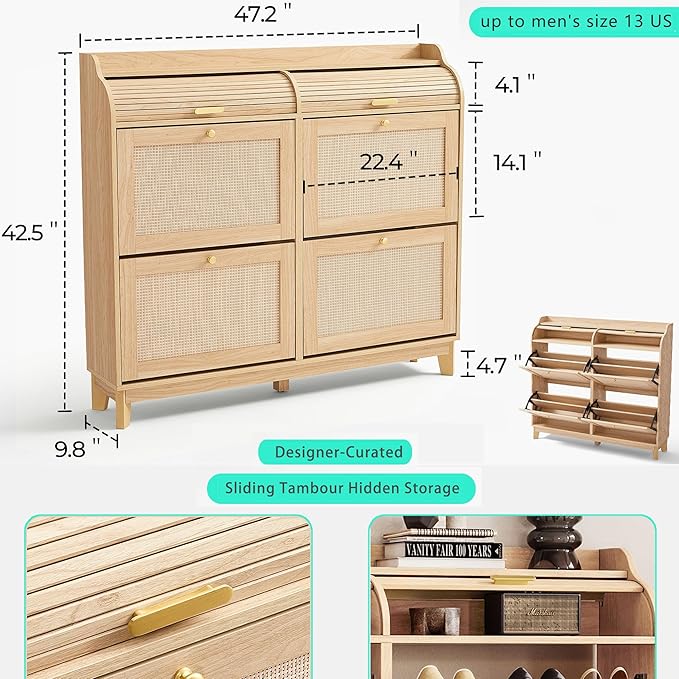 LINSY Shoe Storage Cabinet, Rattan Shoe Cabinet Wood Shoes Rack Cabinets with Sliding Tambour Door, Large Flip Drawer Shoe Cabinet Boho Hidden Shoe Storage for Entryway, Front Door, Hallway, Oak