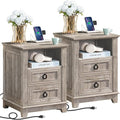 18" Farmhouse Night Stands Set of 2 with Charging Station, 2 Drawers End Table Dresser for Bedroom, Oak Wooden Nightstand, Bed Side Table with Open Shelf, Bedside Cabinet for Living Room