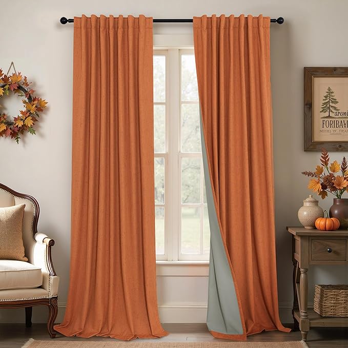 Burnt Orange 100% Blackout Window Curtain Panels Light Blocking Linen Boho Black Out Drape for Nursery 84 Inch Long Thermal Insulated Draperies for Living Room Bedroom Fall Decor 2 Pieces 52x84 Length