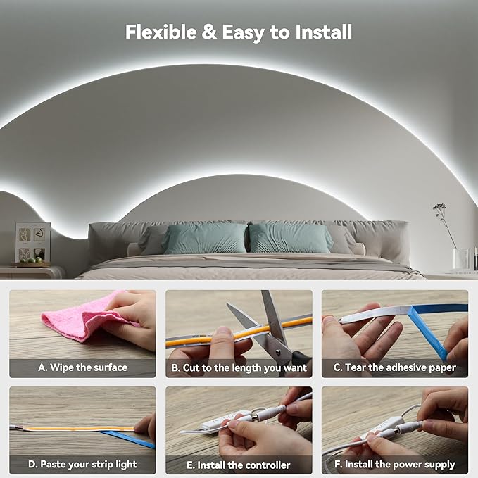 PAUTIX COB LED Strip Light,Strip Lights with RF Remote,UL Listed Daylight White Natural White 6000K 16.4ft Super Bright Dimmable 24V Flexible LED Tape Lights,Cabinets Kitchen Mirror Office Lighting