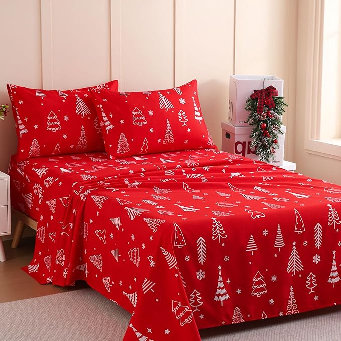 JSD Red Christmas Tree Kids Sheet Set Full Size, 4 Piece Soft Printed Microfiber Sheets Deep Pocket