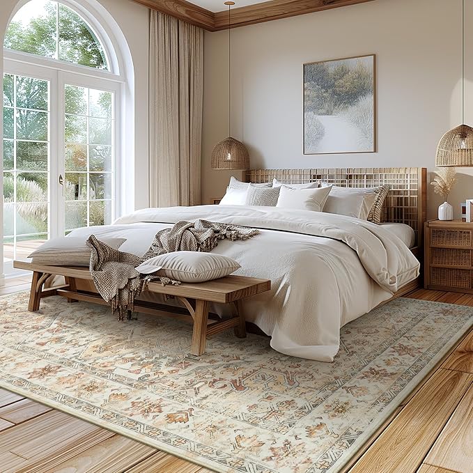 zesthome 8x10 Area Rugs - Stain Resistant Washable Rug for Living Room, Non-Slip Backing Large Area Rug with Ultra-Thin Low Pile for Bedroom, Vintage Home Decor