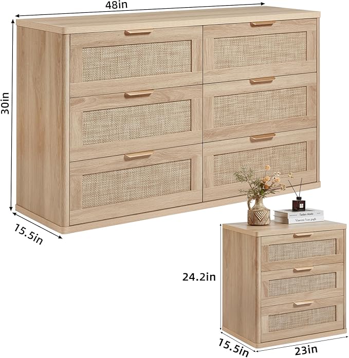 LEYAOYAO Rattan Dresser and Nightstand Set of 2, Boho Wood Dresser for Bedroom with 6 Drawers and Night Stand with 3 Drawer, Bedroom Furniture, Dressers & Chests of Drawers, Living Room, Hallway
