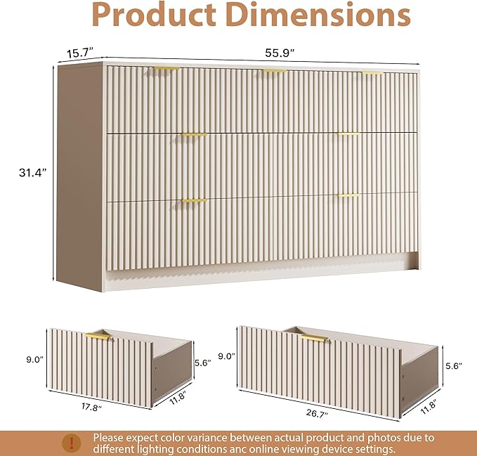 Beige 7 Drawer Dresser for Bedroom, 55.9" Wide Modern Fluted Dresser with Gold Metal Handles, Wide Chest of Drawers for Bedroom, Living Room, Entryway, Hallway