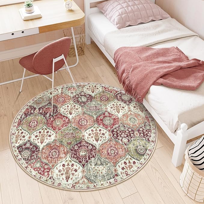 Lahome Moroccan Trellis Round Area Rugs, Washable Small Round Rug 3ft Non-Slip, Soft Vintage Ultra-Thin Circle Carpet for Bedroom Entryway Kitchen Laundry Bathroom, Orange/Terracotta