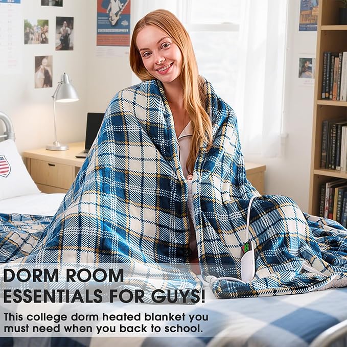 Heated Blanket Electric Throw 50X60, Heating Throw with 10 Levels 8 Hours Auto Off, Blue Plaid Sherpa Blanket Winter Warmer, Christmas Housewarming Gifts for Women Mom, Home Decor for Couch Bed Office