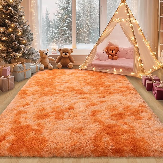 Shag Area Rug 6x9 for Living Room, Large Orange Fluffy Rug for Bedroom Girls Kids Teen Room, Soft Fuzzy Plush Carpet for Nursery Dorm, Non Slip Indoor Shaggy Throw Rug for Home Decor, Orange Tie Dye