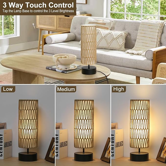 Rattan Table Lamp, Touch Control Bedside Table Lamp with Black Base, 3 Way Dimmable Nightstand Lamp with Dual-layer Shade, Boho Night Light for Bedroom Living Room Home Office, 9W LED Bulb Included
