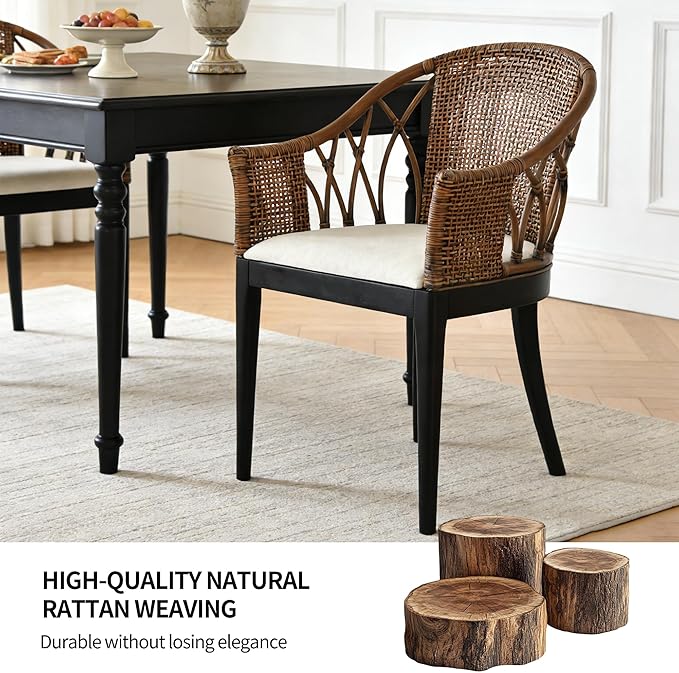 DUHOME Wood Rattan Arm Accent Chair Natural Wash/White Cushion Side Armchair Gianni Brown & Black Solid Living Room Chair for Dining Room Bedroom Office Foyer Arm Chair