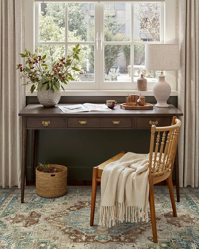 GENIMO 6X9 Area Rugs for Living Room, Machine Washable Vintage Floor Cover Foldable Modern Non Slip Rug, Low Pile Soft Indoor Carpet Floral Print Mat Rug,Bedroom/Dining Room/Home Office,Sage Green