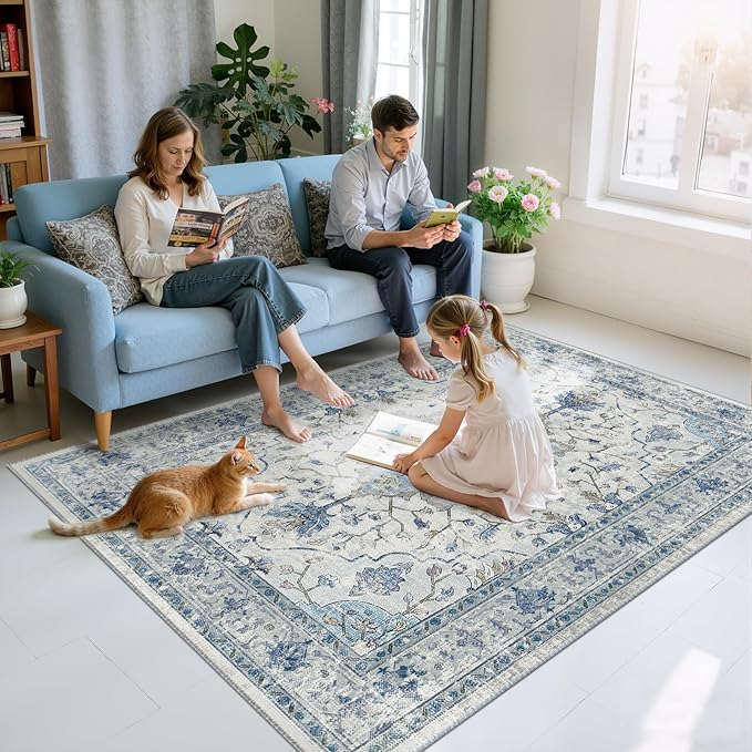 Area Rugs 5'x7' Washable Non-Slip, Floral Vintage Distress Print Pattern Medallion Carpet for Living Room Bedroom Dining Room, Light Blue Navy Beige Gray White