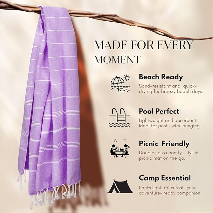 Native Fab 4 Pack Turkish Cotton Beach Towels, Oversized, Soft, Sand Free, Absorbent, Quick Dry, Lightweight for Bath, Pool, Travel, Spa - Rose Pink, Sky Blue, Lavender, Lemon Green