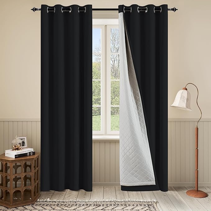 3-in-1 Winter Heavy Curtains-Thermal 100% Blackout Curtains for Bedroom Living Room with Grommet Design 1 Panel Black 50x80 Inch