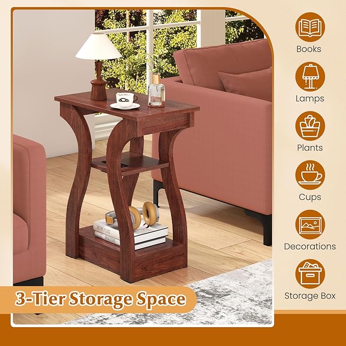 Giantex Narrow End Tables with Charging Station Set of 2, Wood Sofa Side Tables with Open Storage Shelves, Bedside Tables with USB Ports & Outlets, Vintage Nightstands for Living Room, Bedroom, Cherry