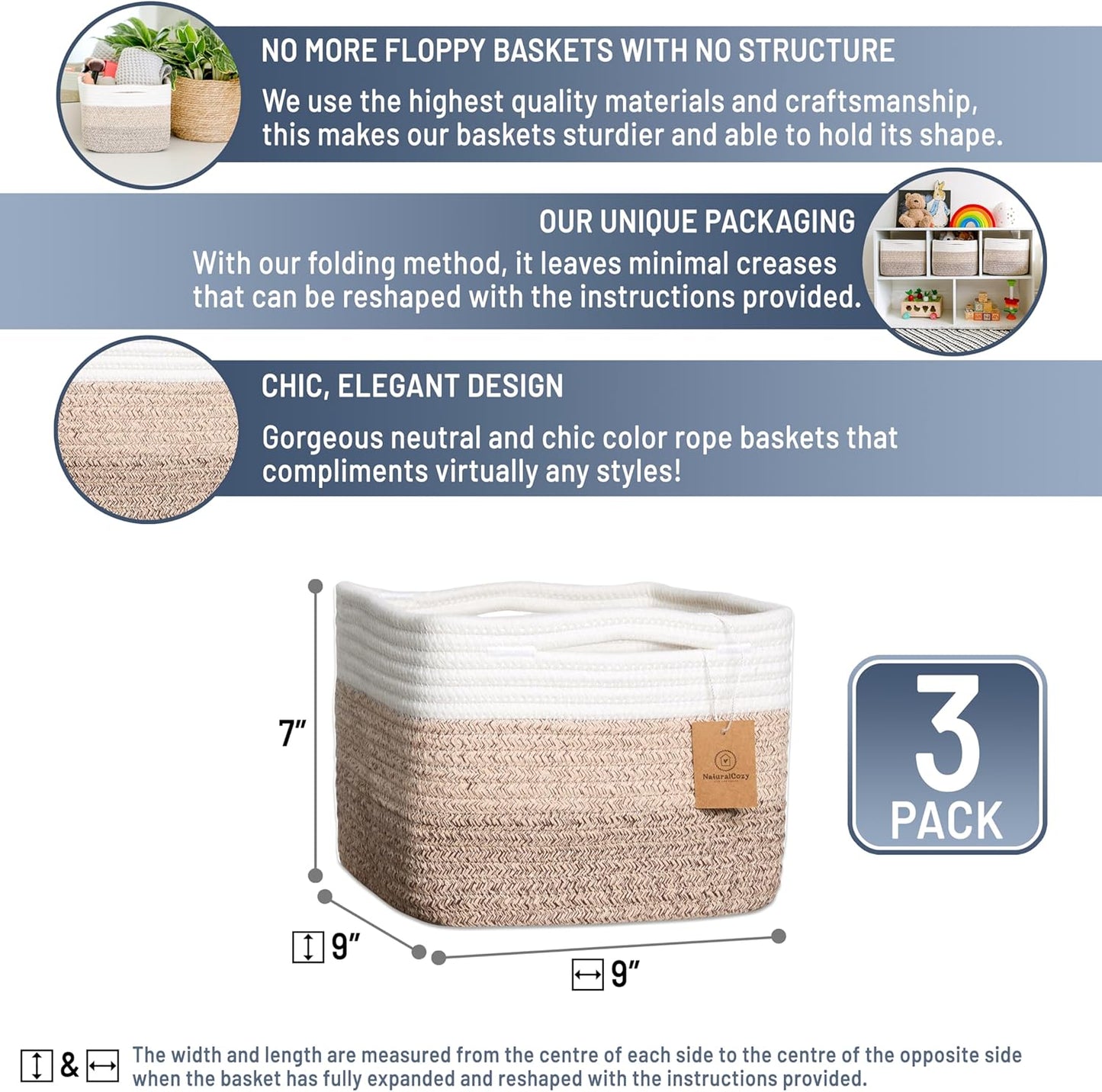 NaturalCozy Storage Cubes 9”x9”x7”Cotton Rope Woven Baskets for Organizing 3-Pack | 9 Inch Cube Storage Bin | Small Basket for Shelf Nursery, Pantry, Decorative Plant, Bathroom Closet, Toy Gift