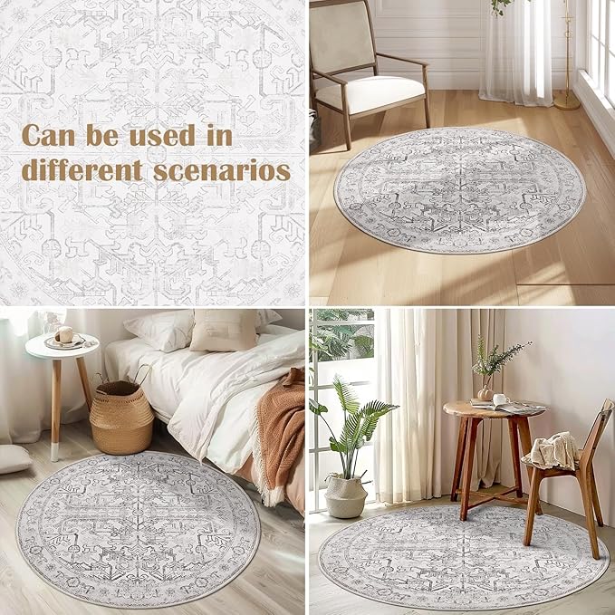 jinchan Lima Round Rug 8ft Vintage Machine Washable Area Rug Indoor Circle 8' Ultra-Thin Non-Slip Floral Print Carpet for Farmhouse Entryway Dining Room Living Room Bedroom Office (8'Round, Taupe)