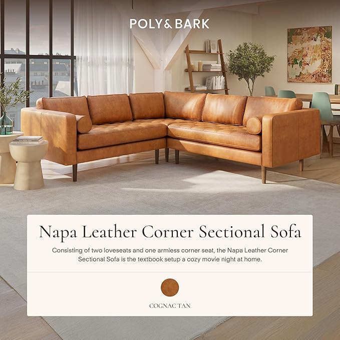 Poly & BARK Napa 98” Leather Corner Sectional Sofa – Full-Grain Italian-Tanned Aniline Leather, Feather-Down Comfort, Solid Wood Frame – Cognac Tan