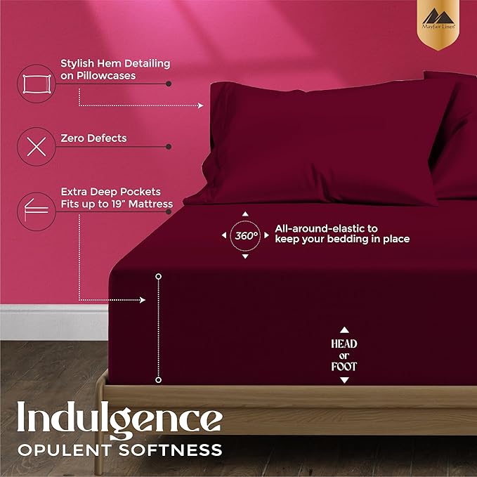 Mayfair Linen 100% Egyptian Cotton Full Size Bed Sheets - Luxury 1200 Thread Count Egyptian Cotton Sheets Full Size Bed Set (4 PC, Burgundy), Silky Soft, Cooling, 17" Deep Pocket Sateen Weave Bedding