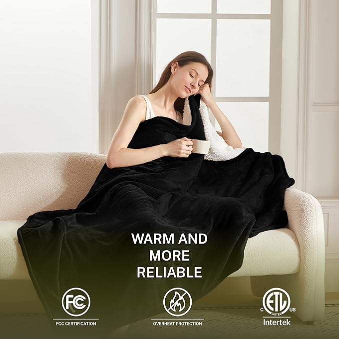 Heat Blanket 72”x84” Full Size,Soft Flannel & Sherpa Reversible Electric Blanket with 10 Heat Settings,12 Timer Setting and 8 Hours Auto-Shut Off,ETL Certified Machine Washable,Black