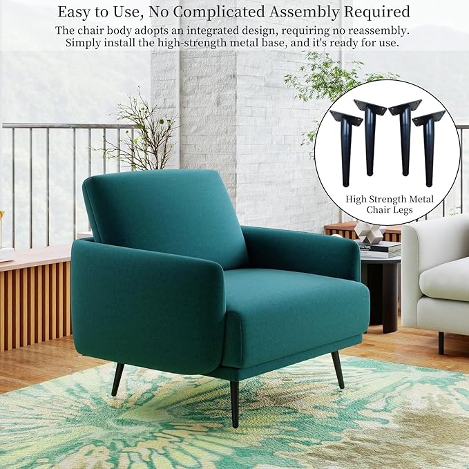 Oversized Accent Chair for Living Room Cozy Reading Chairs Mid-Century Modern Accent Chairs Armchair with Metal Legs Single Sofa Chair for Home Office (1-PCS, Velvet Fabric- Lake Blue)