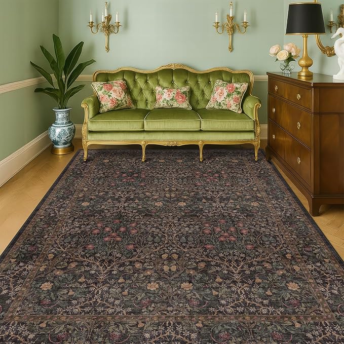 Dark Brown Washable 5x7 Area Rugs for Living Room, Non-Slip Soft Rugs for Bedroom, Dining Room, Home Office, Deep Olive Accent Floral Vintage Cottage Indoor Carpet Décor, Low Pile Stain Resistant