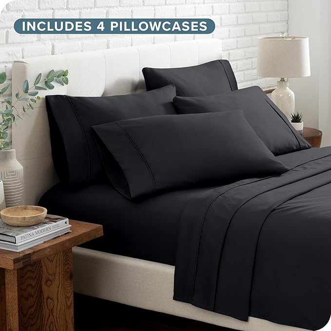Bare Home Hotel Luxury Cal King Sheet Set, Extra Soft, 6 Piece Set, Deep Pockets, Easy Fit, Cooling & Breathable, Wrinkle, Fade, Stain Resistant, Includes 4 Pillowcases (California King, Black)