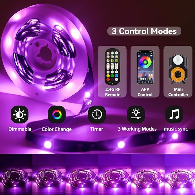 Motion Sensor LED Light Strip 19.68ft Under Bed Lights, RGB 3 Mode Motion Activated Bed Light with Music Sync and Timer, Dimmable Color Changing LED Lights Christmas Gift