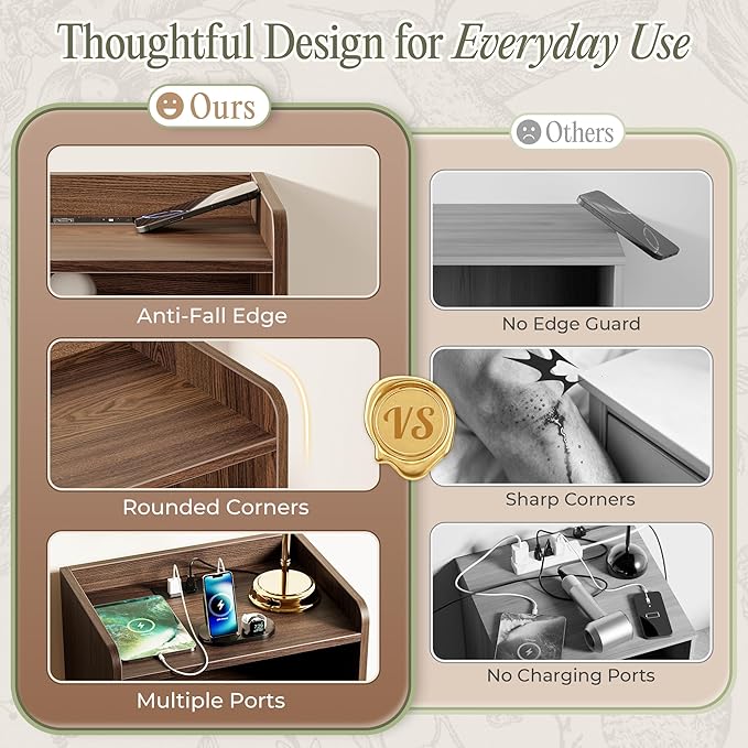 Huuger Nightstand with Charging Station, USB-C Port, Fluted Night Stand with Drawer, Bed Side Table with Solid Wood Feet, Open Storage, End Table with Raised Edge, for Bedroom, Walnut