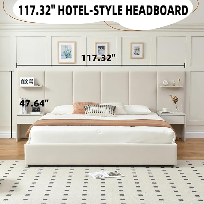 King Bed Frame with Storage & Built-in Nightstands, Velvet Upholstered Platform Bed Frame with Drawers & 2 Floating Storage Shelves, Noise-Free, No Box Spring Needed, Easy Assembly, Beige