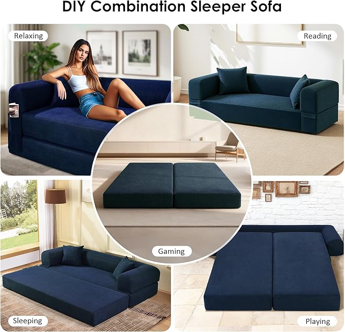80" Convertible Sofa Bed, Corduroy Deep Seat Folding Pull Out Couch with Pillows, No Assembly Modern Boneless Couch Compression Sofa in Box, Floor Sofa with Storage Pocket for Living Room,Navy Blue