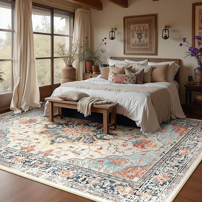 Area Rugs 5'x8' Washable Non-Slip, Floral Vintage Distress Print Pattern Medallion Carpet for Living Room Bedroom Dining Room, Beige Navy Blue Orange Colorful