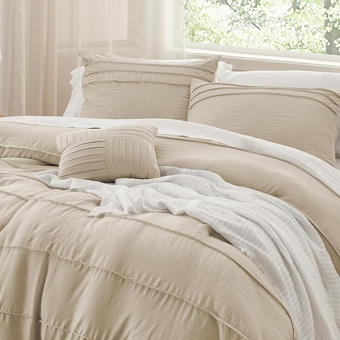 Bedsure California King Comforter Set - 4 Pieces Pinch Pleat Bed Set, Linen Boho Bedding for All Season, 1 Soft Comforter, 2 Pillowcases, 1 Decorative Pillow