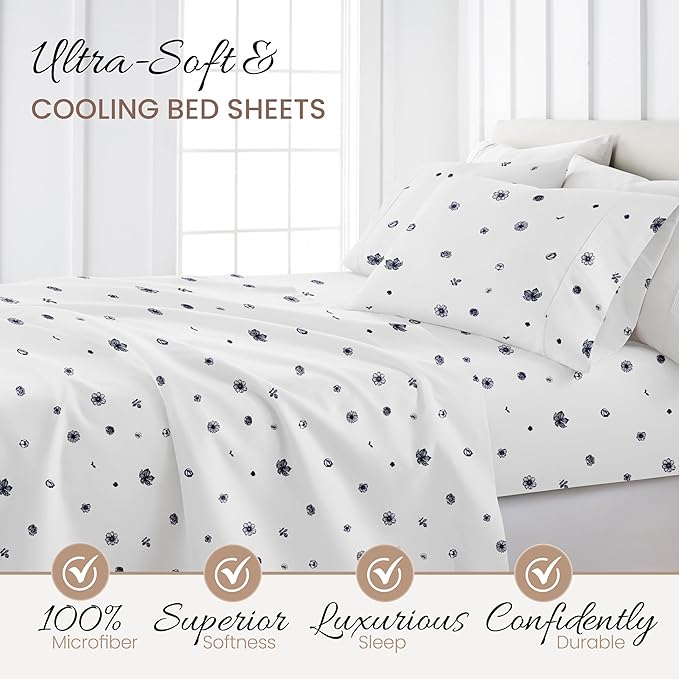 Linen Market Patterned Microfiber King Sheet Set 4 Piece – Oeko-TEX Certified Ultra Soft & Wrinkle-Free - 16" Deep Pocket Sheets - Easy Care King Size - Indigo Flowers Navy