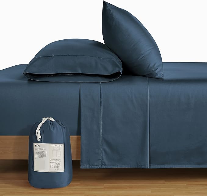 LANE LINEN 100% Cotton 600 Thread Count Twin XL Bed Sheets Set - Fully Elasticized, Cotton Sheets Twin XL Size Bed Set - Soft & Comfy Perfect for Dorm Room, Luxury Hotel Style Sheet - Dark Denim