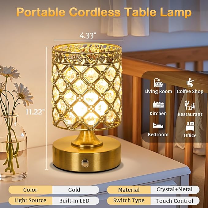 TOBUSA Gold Rechargeable Cordless Table Lamp, 6000mAh Crystal Battery Operated Lamp with 3 Color Temps & Stepless Dimming, Portable Bedside Touch Small Desk Lamp, Vintage Wireless LED Night Light