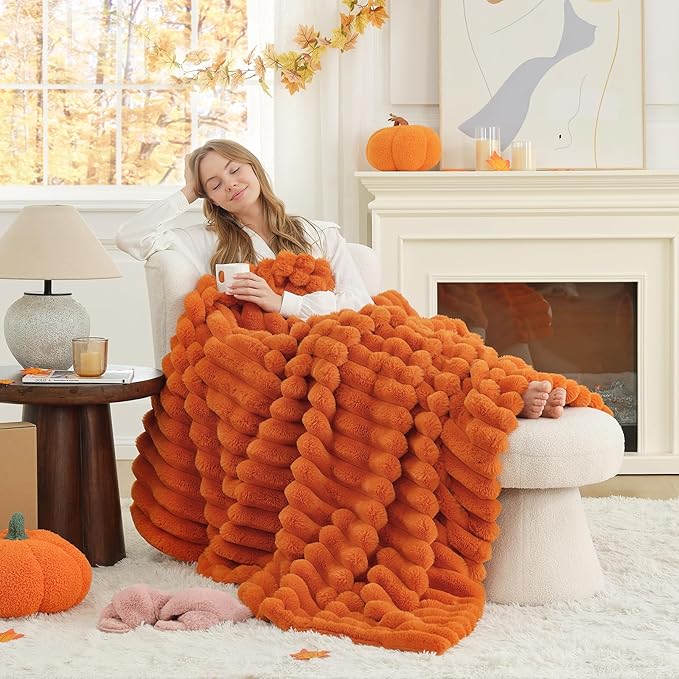 Cozy Bliss Faux Fur Throw Blanket for Couch, Cozy Warm Plush Striped Blanket for Sofa Bedroom Living Room, 60 * 80 Inches Burnt Orange