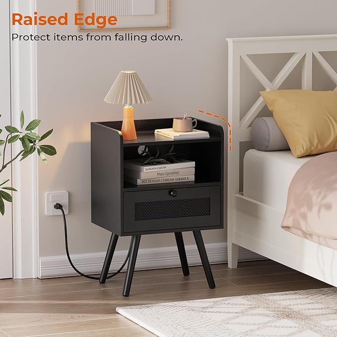 SUPERJARE Nightstands with Charging Station, Bedside Table Set of 2 with Texilene Surface Drawers, Rattan Side Table with Storage & Solid Wood Feet, End Table for Bedroom, All Black