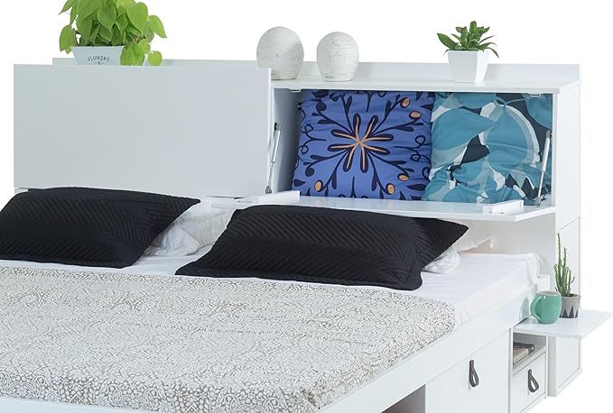memomad Bali Set: Storage Platform Bed with Drawers + Bookcase Headboard (King Size, White Wood)