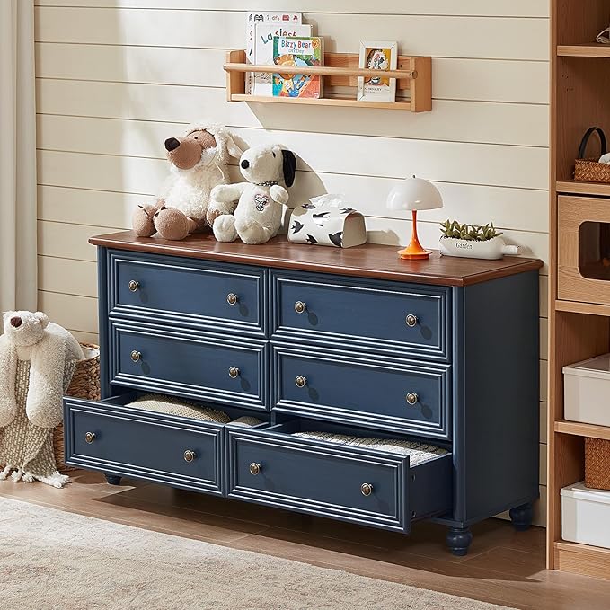 Farmhouse Dressers & Night Stand Set of 4, Wood 54" Wide 6 Drawer Dresser & 45" Tall Chest of Drawers, 18" Roman Column Nightstand Set of 2, Bedroom Furniture Dresser Sets for Home Living Room Hallway