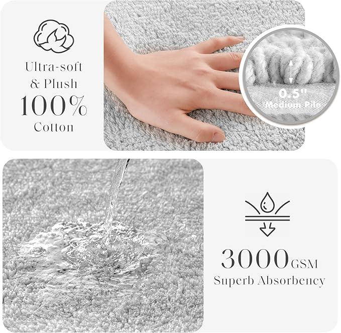 Madison Park Splendor Reversible 100% Cotton Tufted Bathroom Rug-3000 GSM Hotel Quality Luxurious Plush Medium Pile Bath Mat Absorbent, Quick Dry, Shower Room Décor, 24x72, Grey