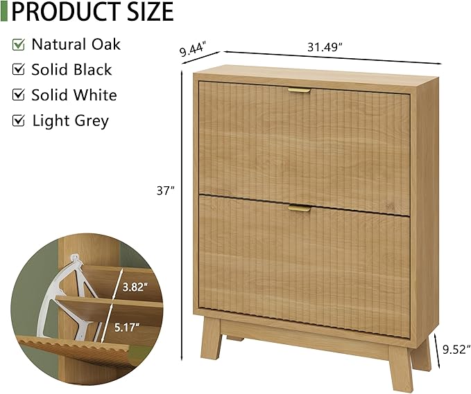 Shoe Cabinet with 2 Flip Drawers, 37" Tall Narrow Fluted Shoe Storage Organizer for Entryway, Hidden Slim Wooden Shoe Rack Cabinet for Front Door Entrance, Hallway, Living Room, Natural Oak