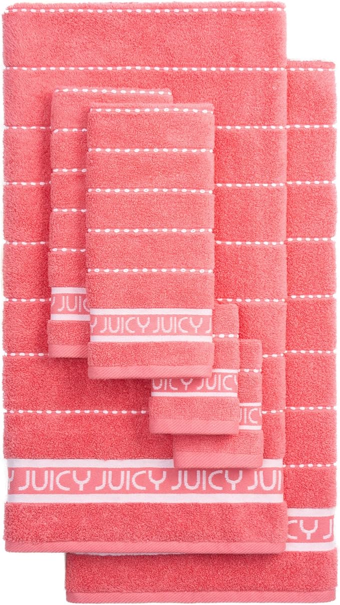 Juicy Couture Luxurious Plush Stripe 6-Piece Set - Pink Coral 100% Cotton Bath Towel Set - Soft and Stylish for Ultimate Comfort and Elegance