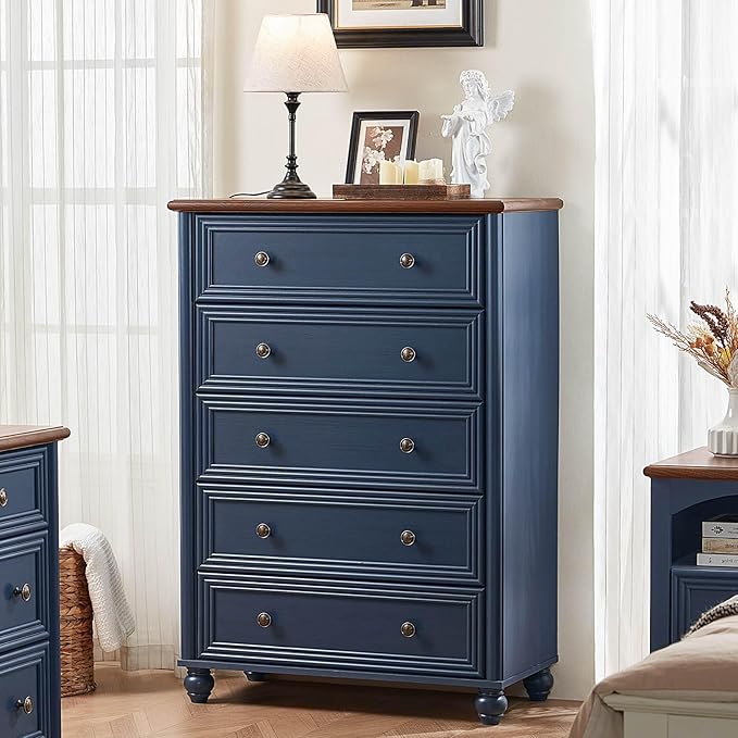 5 Drawers Chest of Drawers Dresser for Bedroom, Wood 45" Tall Dresser Storage Dressers Organizer, Farmhouse Rustic Closet for Living Room, Hallway Entryway