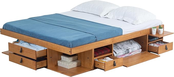 memomad Bali Storage Platform Bed with Drawers (Full Size, Oak Brown Wood)